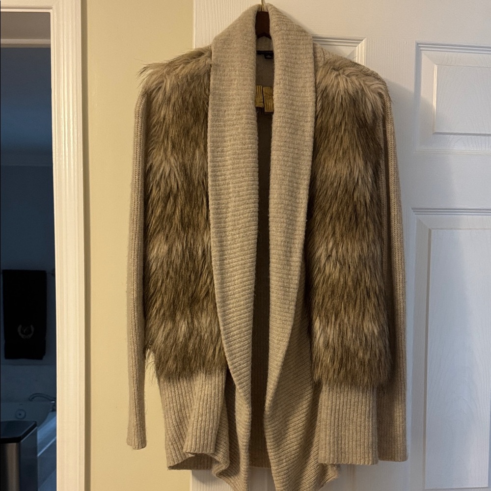 Ann Taylor Beige Cardigan with Faux Fur Detail